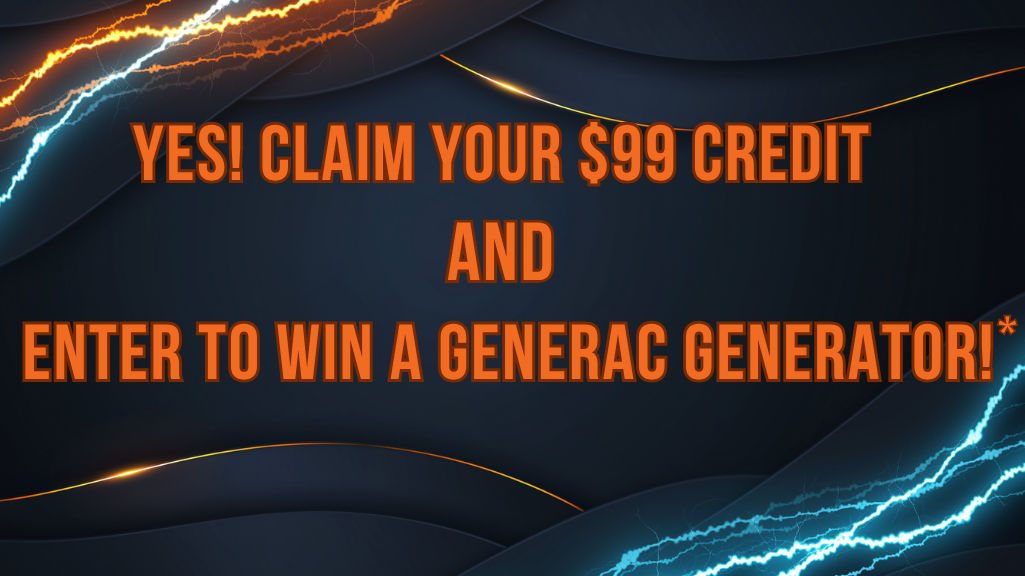 Exclusive $99 Service Credit Claim Landing Page Header Abstract energy graphic in bright orange and sky blue reinforcing the headline: Claim your $99 credit for Plumbing or Electrical service and enter the Generac Generator giveaway.