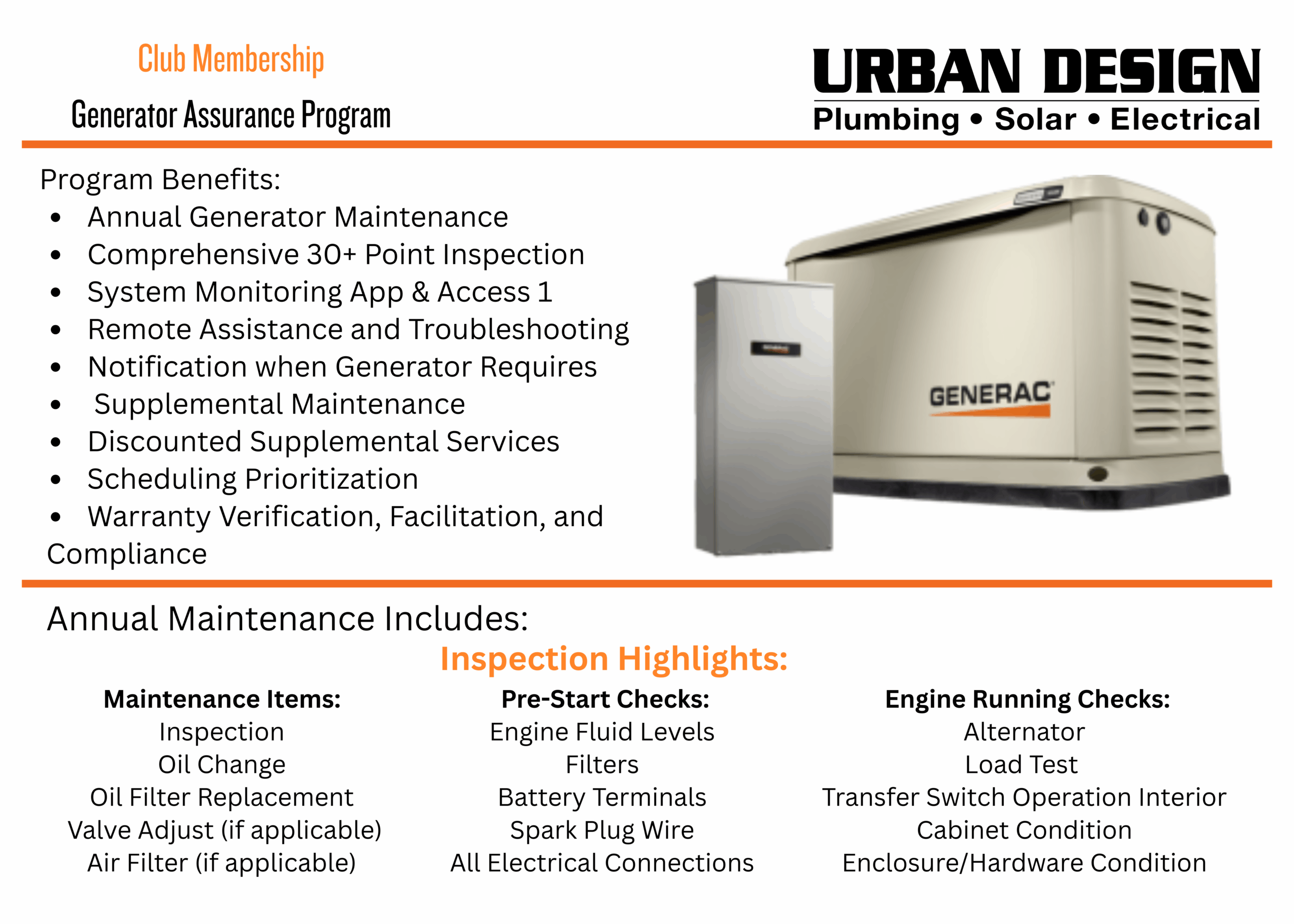 Urban Design Generator Assurance Program Flyer Generator maintenance program overview showing Urban Design’s Generator Assurance Program with annual generator maintenance benefits and inspection services.