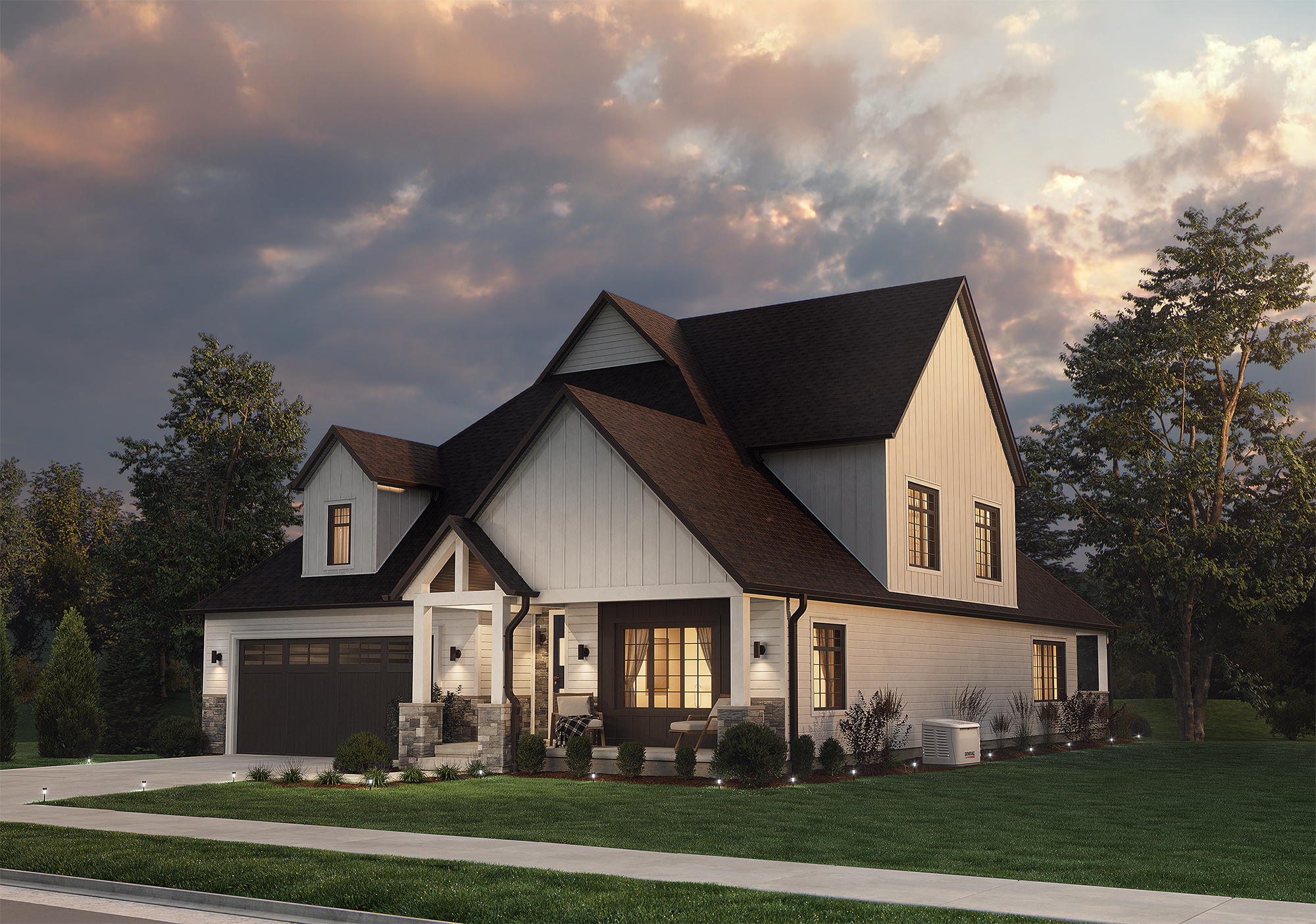 Modern home at dusk with a standby backup generator installed beside the house.