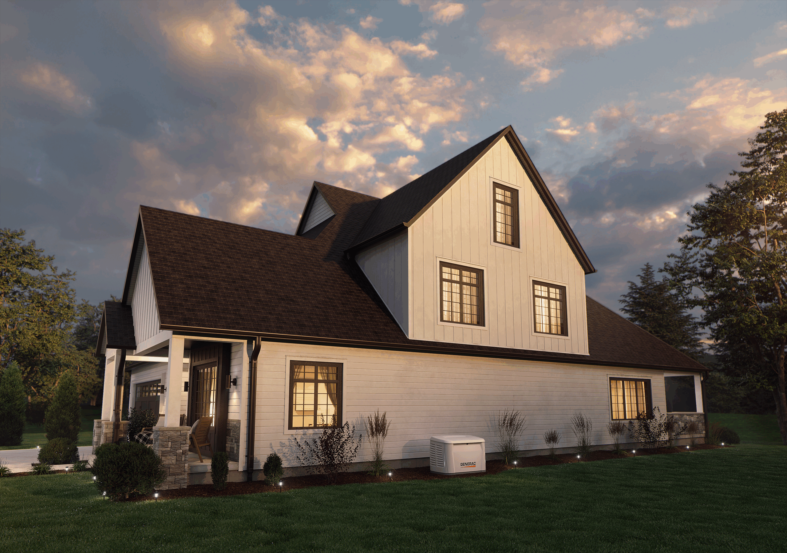 Next-Gen Modern Farmhouse Exterior Rendering – Sunset View A suburban home with a standby generator installation on the side