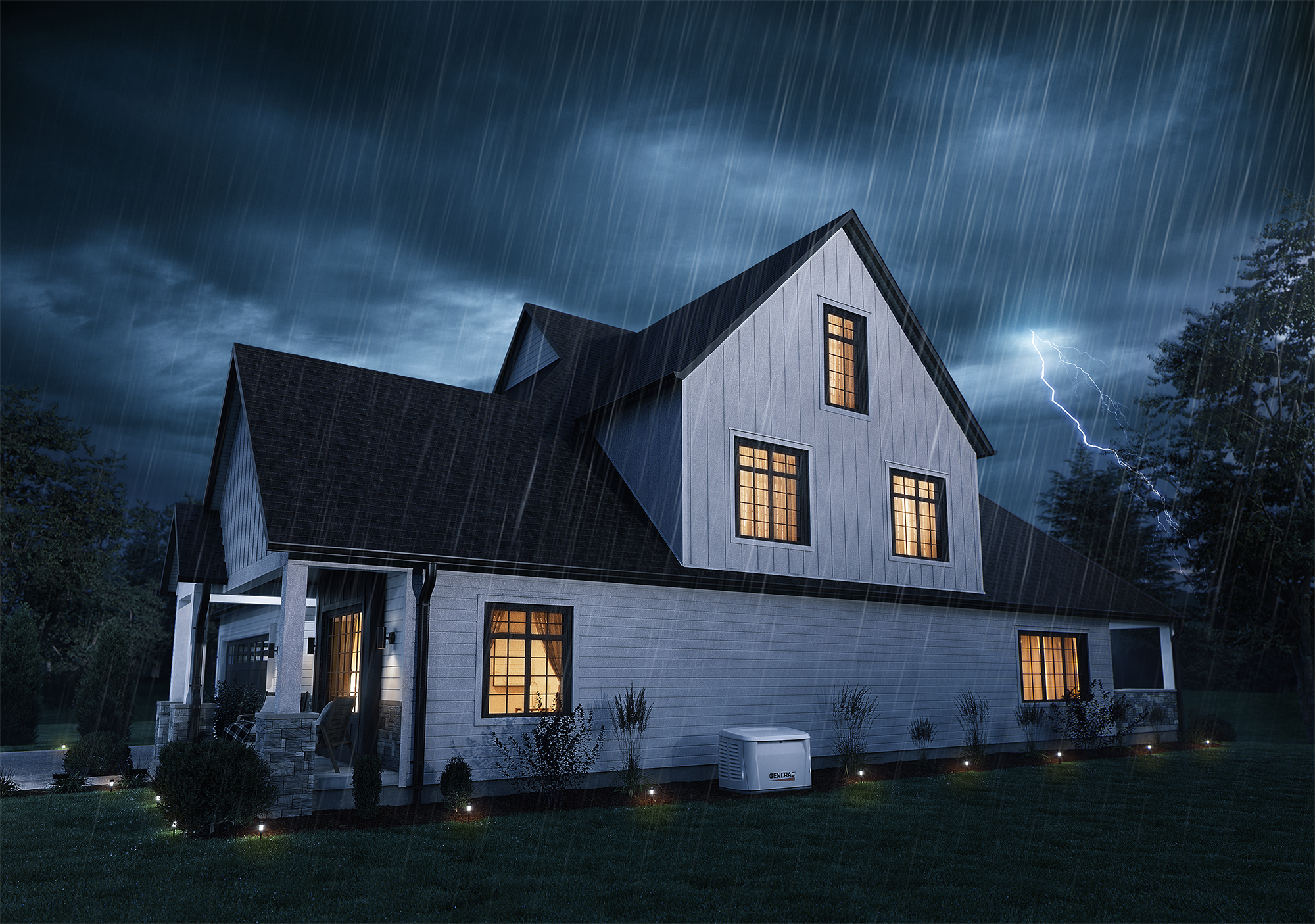 Standby generator providing backup power to a Northern California home during a storm and outage.