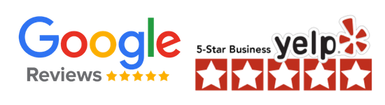 Five-star customer reviews Google Reviews and Yelp logos showing five-star customer ratings.