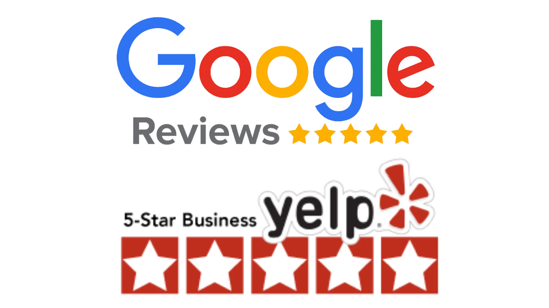 Google Reviews and Yelp logos showing five-star customer ratings.