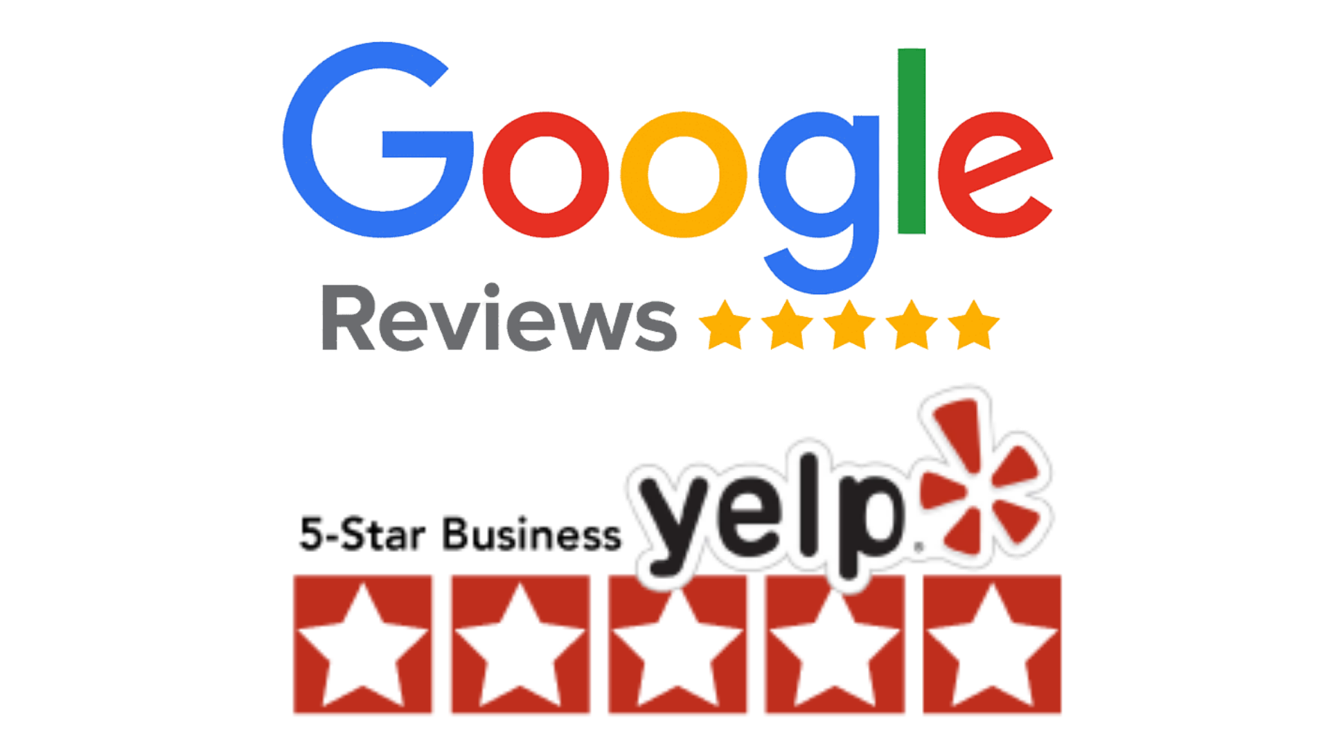 Five-star customer reviews Google Reviews and Yelp logos showing five-star customer ratings.